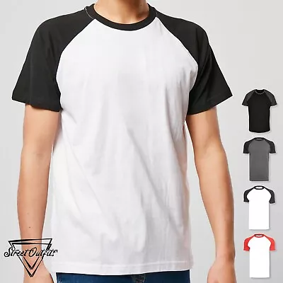 Mens Contrast T-Shirt Raglan Short Sleeve Cotton Top Relaxed Fit Soft Tshirt Tee • £8.15