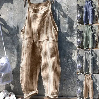 AU Womens Striped Dungarees Jumpsuit Loose Ladies Casual Overalls Baggy Romper • $28.92