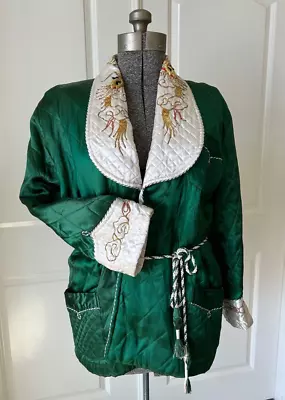 Vintage Size M Or L Men's Asian Dragon Smoking Robe Green Satin Gold Embroidery • $125