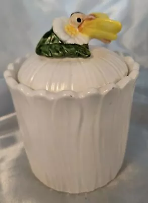 Vintage Ceramic White Honey Pot Jar Yellow Bee On Lid W White Flower Daisy • $12.65