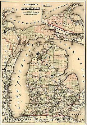 1874 Michigan Railroad Map Wall Art Poster Print Decor Vintage History • $37.95