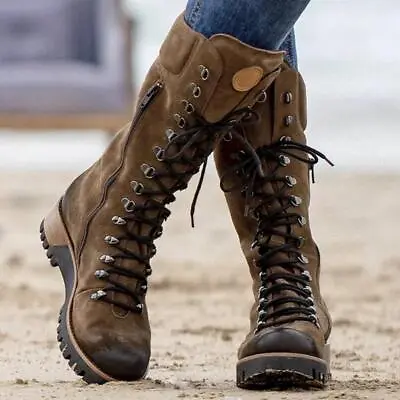 Womens Lace Up Knee High Calf Boots Ladies Winter Military Combat Biker Shoes • $31