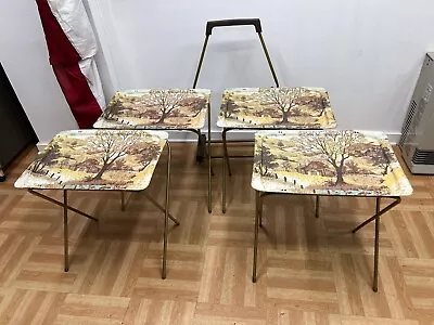 Vintage FOLDING TABLE SET 4 W Carrier Mid Century Modern Tv Tray Metal Stand Lot • $89.99