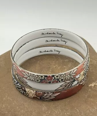 Set Michaela Frey 3ps Bangle Bracelets White/Orange/Black Enamel Vintage • $115.99