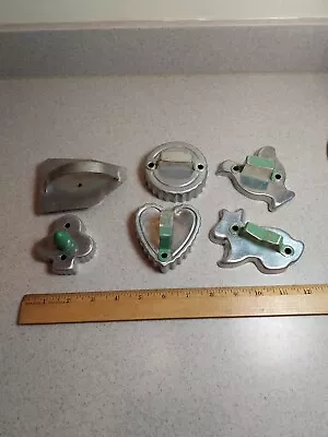 Vintage Antique Lot 6 Tin Metal Cookie Cutters All Different One Wooden Handle • $9