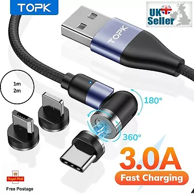 3 In 1 Magnetic Fast Charging USB Cable Charger 3A Phone Type-C Micro USB IOS • £6.99