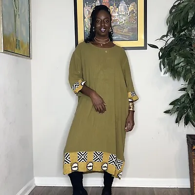 Vintage African Green Long Loose Fit Dress W/ Authentic Mud-cloth Patches • $40