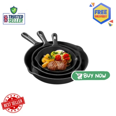 £24.49 • Buy Cast Iron Skillet Set - 3 Pre-Seasoned Non-Stick Heavy Duty Durable Frying Pans