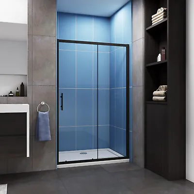 Matt Black Frame Bathroom Sliding Shower Enclosure Screen WalK In Glass Door 5mm • £99