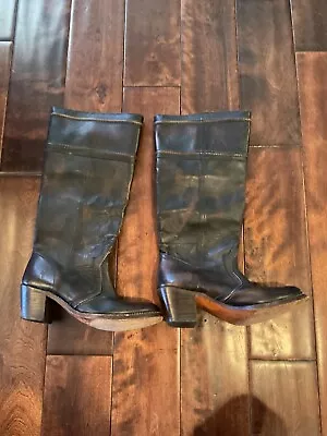FRYE Jane 14L Black/ Brown Stitch Leather Knee  Tall Distressed Boots Size 7 • $94.45