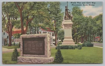 Linen~Saco Maine~World War & Civil War Monument~Vintage Postcard • $3