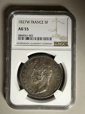 Silver 1827w France 5 Francs | NGC AU55. • $219.49