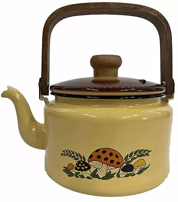 Vtg 1970’s Merry Mushroom Enamel Tea Pot Tea Kettle Wood Handles “STAINS READ” • $59.95