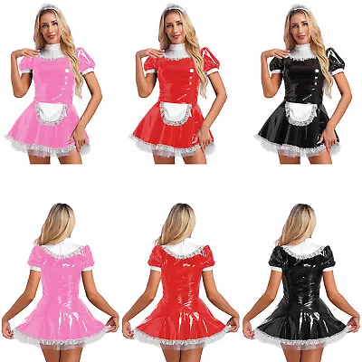 UK Women's Wet Look PVC Leather French Maid Costume Tutu Dress Cosplay Clubwear • £7.59