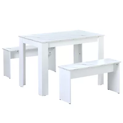 White Wooden Marble Look Breakfast Dining Table And Chairs Set Of 2 Benches • £115.99