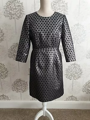 Autograph Silver Metallic Black Jacquard 3/4 Sleeve Mini Shift Dress Size 8 BNWT • £14.99