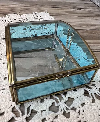 Vintage Via Vermont Glass Brass Casket Trinket Jewelry Box Hinged Lid Boho 🦋 • $22.10