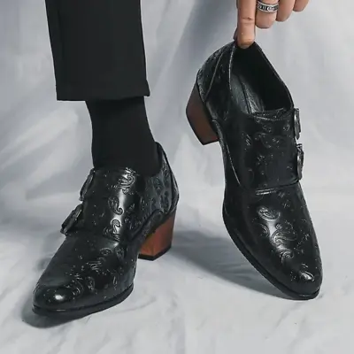 Men's Block Heels Vintage Buckle Pointed Toe Retro Oxford Wedding Leather Shoes • $52.19