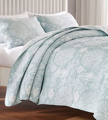 MARINA SEAFOAM GREEN 2pc Twin QUILT SET : CORAL FISH  BEACH OCEAN SHELL TROPICAL • $69.45