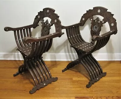 Gorgeous Pair Of INLAID & CARVED MIDDLE EASTERN Chairs  C. 1900  Antique • $1500