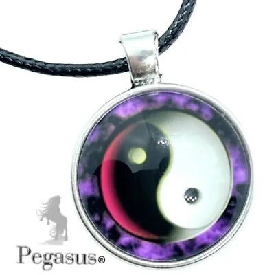 Purple Black White Red Spiritual Ying Yang Yin Yan Glass Cabochon Necklace • £6.99