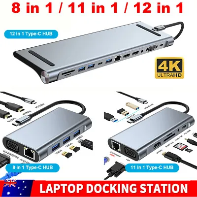 8/11/12in1 Laptop Docking Station Type-C Hub DUAL HDMI 4K PD USB3.1 VGA SD/TF PD • $57.45