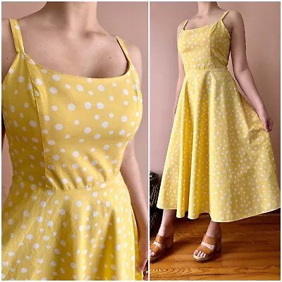 Vintage Dress - 90s Yellow Polka Dot Fit & Flare - Midi Full Skirt Sun Dress • $42