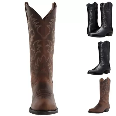 Mens Mid Calf Boot Pull On Western Boots Men Non Slip Wide-Calf Work Vintage AU • $78.55