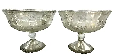 Beautiful Set Of 2 Silver Mercury Glass Footed Compote Bowls For Table Or Mantle • $70