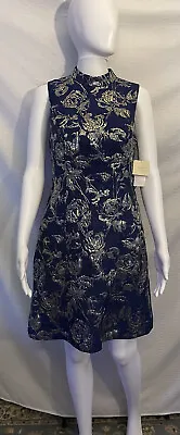 New Aidan Mattox Cocktail Dress 8 Navy Gold Jacquard High Neck Sleeveless Party • $64