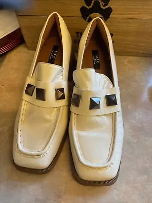 Marks And Spencer M&S Cream Patent Leather Studded Heeled Loafers Size UK 7 Wide • £10