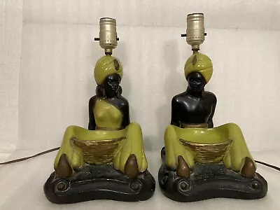 Vintage Mid-Century Chalkware Blackamoor Genie Aladdin Nubian Table Lamps - Pair • $125