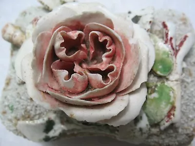 Vintage Porcelain White Rectangular Trinket Box 3D Sculpted ROSE Flower Bumpy  • $12.99