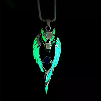 Retro Silver Plating Green Luminous Wolf Head Pendant Necklace Men Punk Jewelry • $0.01