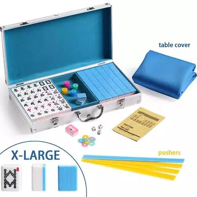 144 Blue Tiles Chinese Mahjong Silver Aluminum Case With Pushers And Cover Set • $68.99