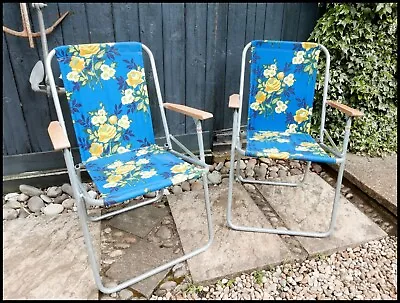 Vintage Pair Garden Chairs Floral Flower Power '70s Folding • £66