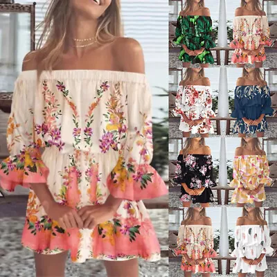 BOHO Ladies Holiday Off The Shoulder Bardot Top Sundress Summer Mini Beach Dress • £10.59