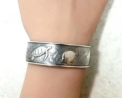 Kabana Sterling Silver Sealife 0.77  Wide Cuff Bracelet  6.5 Inch Wrist • $180