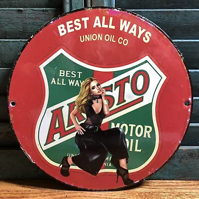 Vintage Aristo Motor Oil 10” Porcelain Pinup Advertising Gas Sign • $29.99