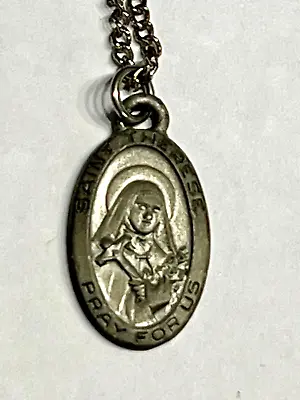 Vintage PEWTER Saint THERESE Protection Oval Medal & Chain~18 ~SIGNED • $2.50