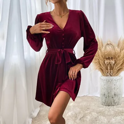 Velvet V Neck Long Sleeves Belt Slim Party Sexy Dress Cocktail Ball Gown Womens • $29.66