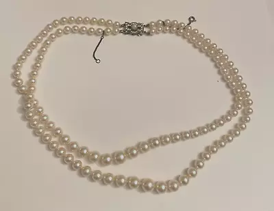 Vintage Majorica Faux Pearl Necklace Hand Knotted Double Strand 19” 800 Silver • $34.99