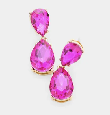 1.25” Long Hot Pink Fuchsia Dangle Pageant Rhinestone Crystal Teardrop Earrings • $13