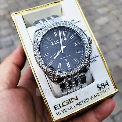 Elgin Men's Watch Iced Luxury Stainless Steel Dress Metal Band Date Analog • $59.99