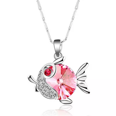 Womens Rose Crystal Zircon Silver Plated Fish Pendant Necklace Christmas Jewelry • $0.54