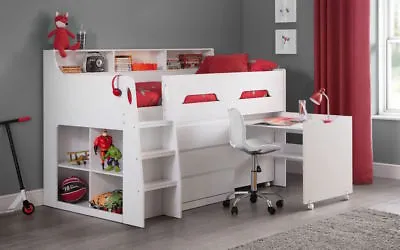 White Midsleeper With Drawers Desk Ladder Glow Strip And Shelves Storage • £654.99