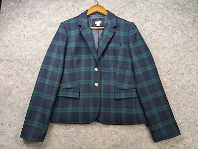 J Crew Black Watch Blazer Womens 14  Blue Green Wool Blend Schoolboy Jacket • $65