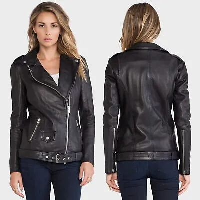 MUUBAA Sadeo Biker Lamb Black Leather Full Zip Moto Jacket Women's Size US 6 • $156