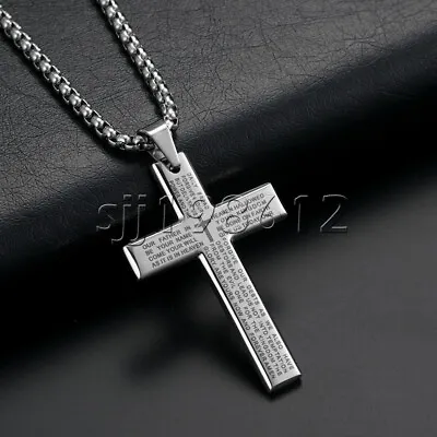 $9.45 • Buy Cross Pendant Necklace For Men Stainless Steel Lord's Prayer Bible Chain Plated