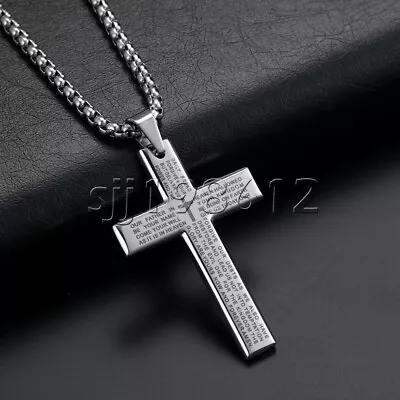 $9.45 • Buy Cross Pendant Necklace For Men Stainless Steel Lord's Prayer Bible Chain Plated